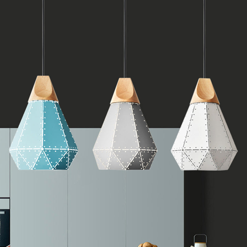 Diamant Fer suspendu Pendant Macaron 1-Light Gris / blanc / bleu et lampe à suspension en bois avec conception de coupe laser