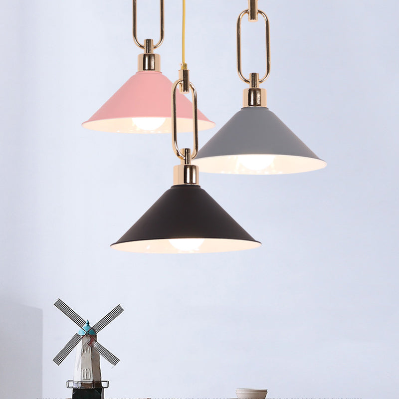 Rolled-Edge Cone Pendant Lamp Macaron Metal 1 Bulb Pink/Grey/White Hanging Ceiling Light with Buckle Top