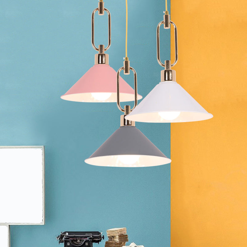 Rolled-Edge Cone Pendant Lamp Macaron Metal 1 Bulb Pink/Grey/White Hanging Ceiling Light with Buckle Top