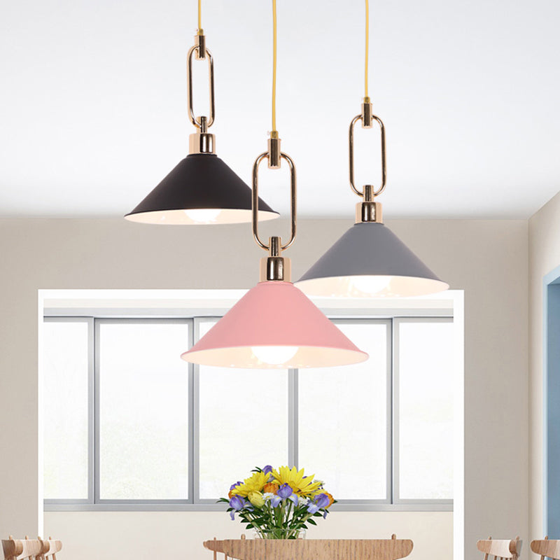 Lámpara colgante de cono de borde enrollado 1 bulbo de color rosa/gris/blanca luz de techo colgante con hebilla