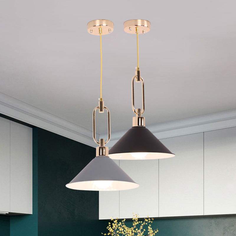 Rolled-Edge Cone Pendant Lamp Macaron Metal 1 Bulb Pink/Grey/White Hanging Ceiling Light with Buckle Top