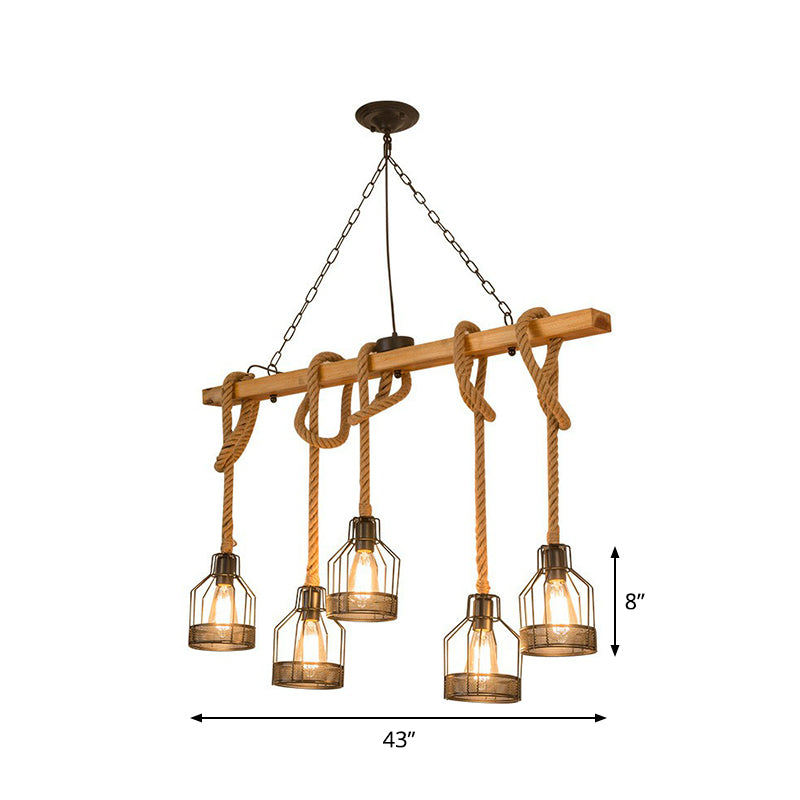 Linear Restaurant Hanging Island Light Cottage Wood 3/5-Light Brown Roped Pendant Lamp with Cage