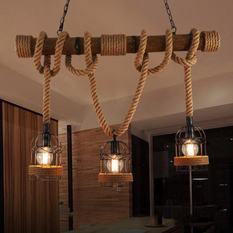 3 Bulbs Bird Cage Island Lighting Farmhouse Brown Iron Hanging Pendant with Rope and Wood Pole