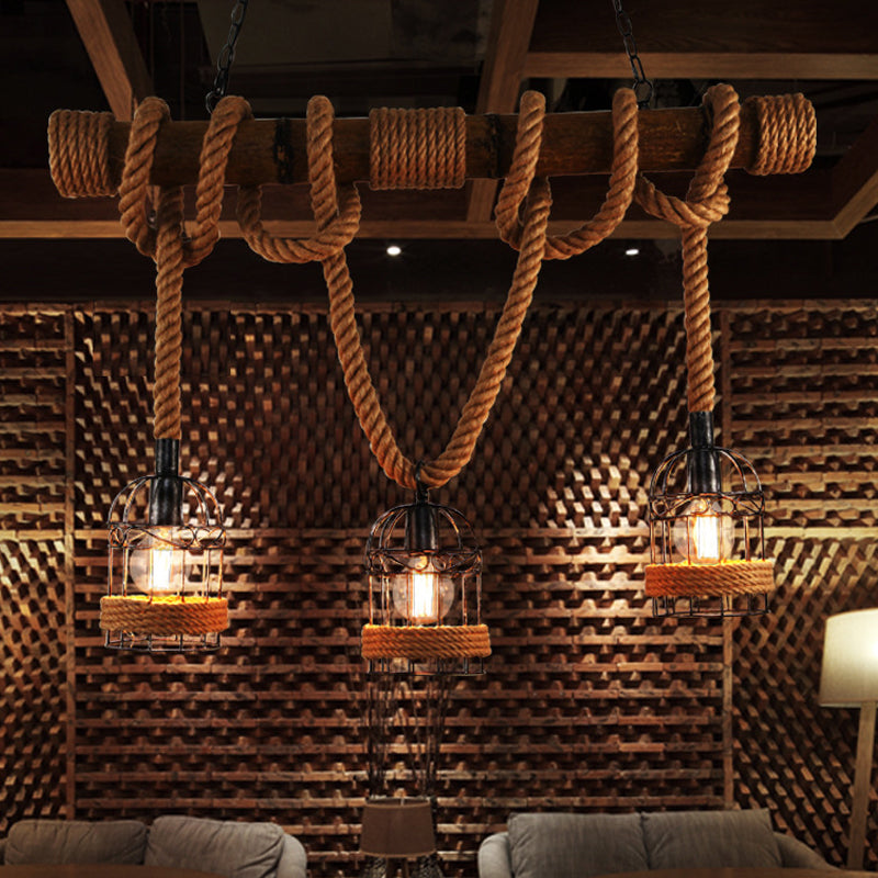 3 Bulbs Bird Cage Island Lighting Farmhouse Brown Iron Hanging Pendant with Rope and Wood Pole