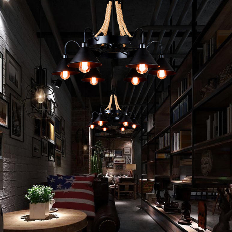 Wheel Restaurant Chandelier Lighting Loft Style Rope 6/8 Heads Brown Pendant Light with Cone Metal Shade