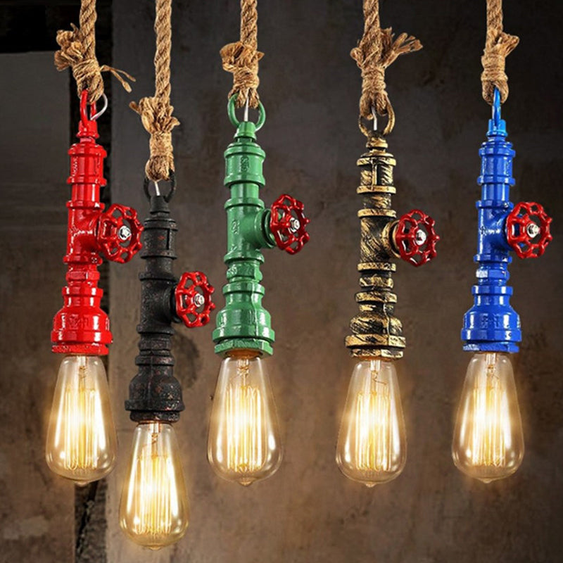 Costeo de iluminación de steampunk enjaulado 1 cabezal de techo colgante de hierro con cordón de cuerda y diseño de tubería de agua en azul/óxido/bronce