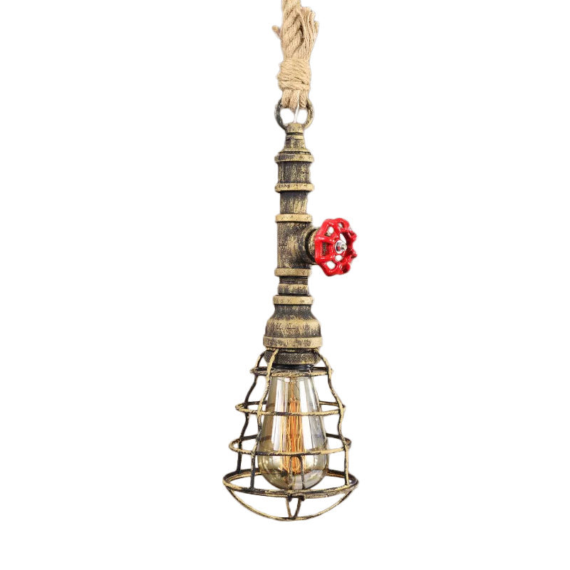 Costeo de iluminación de steampunk enjaulado 1 cabezal de techo colgante de hierro con cordón de cuerda y diseño de tubería de agua en azul/óxido/bronce