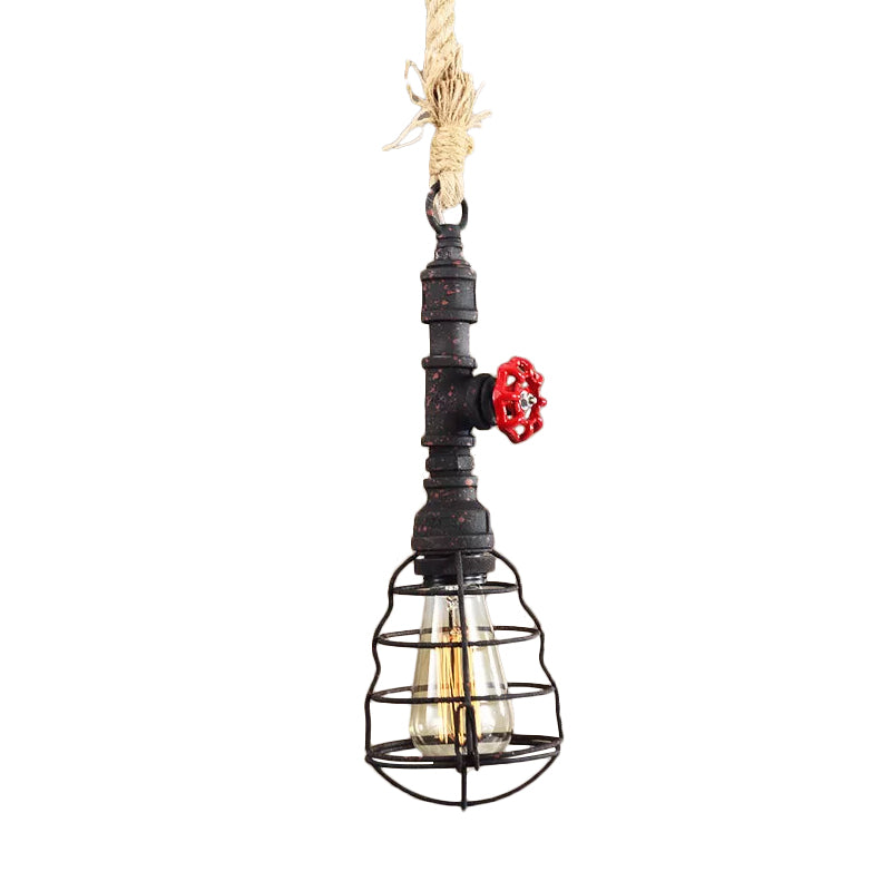 Costeo de iluminación de steampunk enjaulado 1 cabezal de techo colgante de hierro con cordón de cuerda y diseño de tubería de agua en azul/óxido/bronce