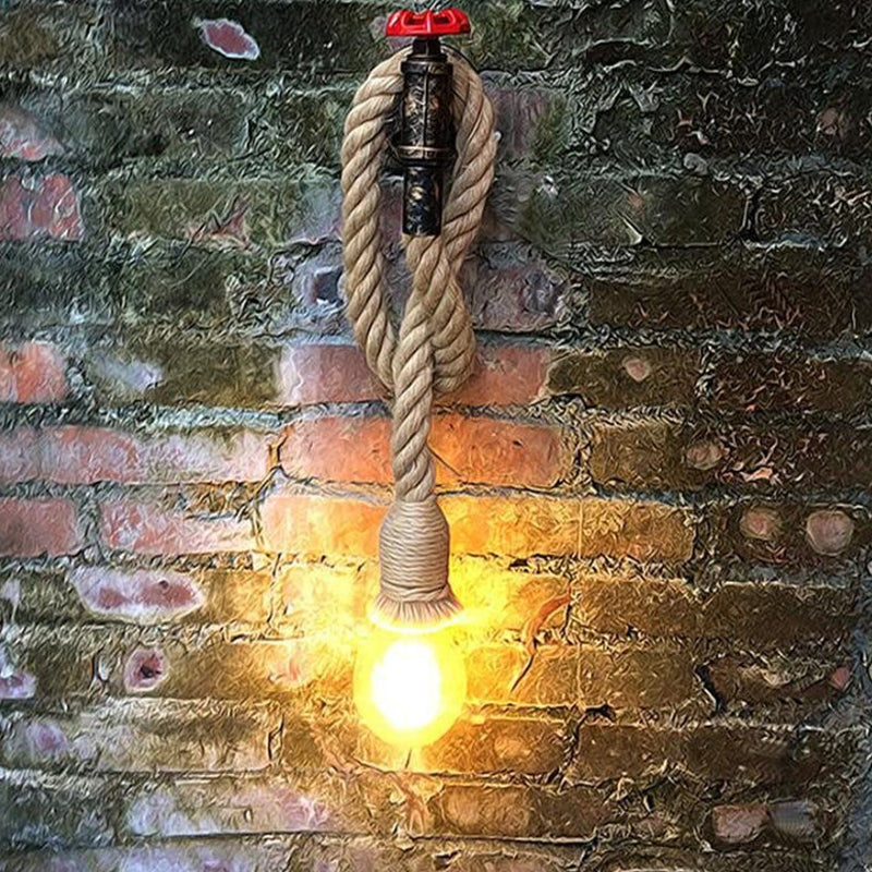 Industrial Faucet Wall Light Fixture 1-Light Hemp Rope Wall Mounted Lamp in Brown for Wine Bar