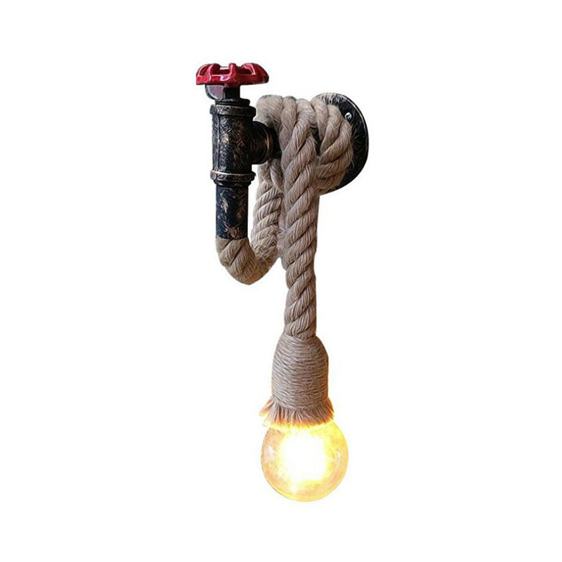 Industrial Faucet Wall Light Fixture 1-Light Hemp Rope Wall Mounted Lamp in Brown for Wine Bar