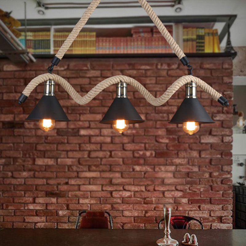 Hemp Black and Brown Suspension Pendant Wavy 3 Heads Industrial Island Lamp with Conical Shade