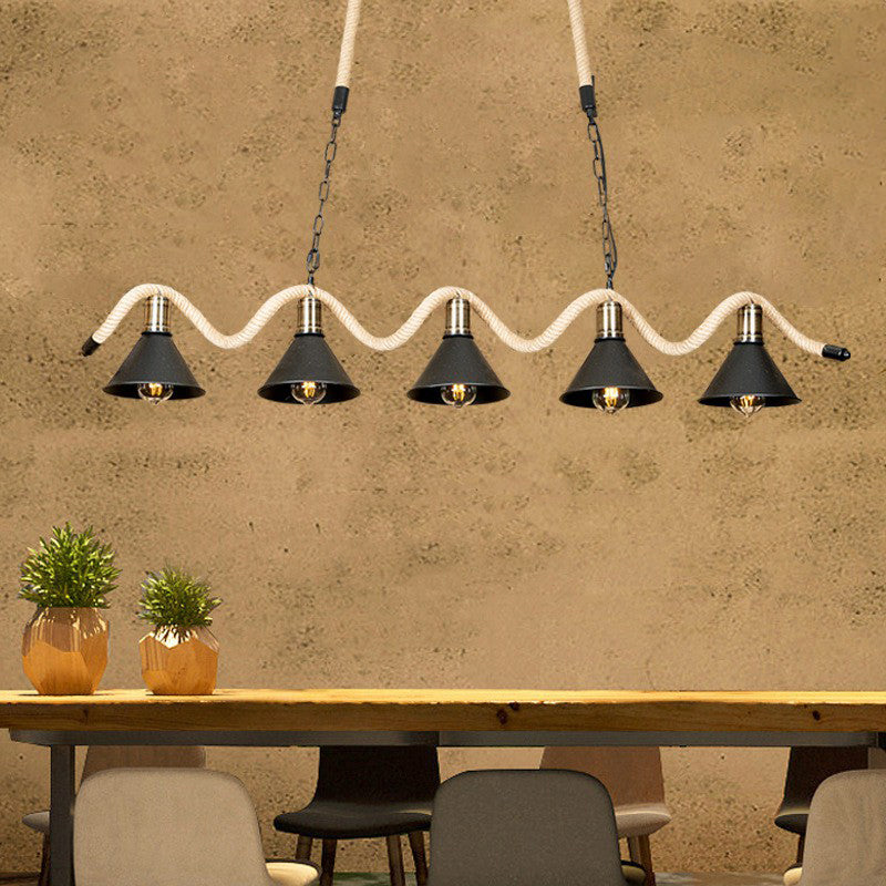 Black 5 Lights Island Pendant Warehouse Hemp Rope Undulating Ceiling Lamp with Conic Metal Shade
