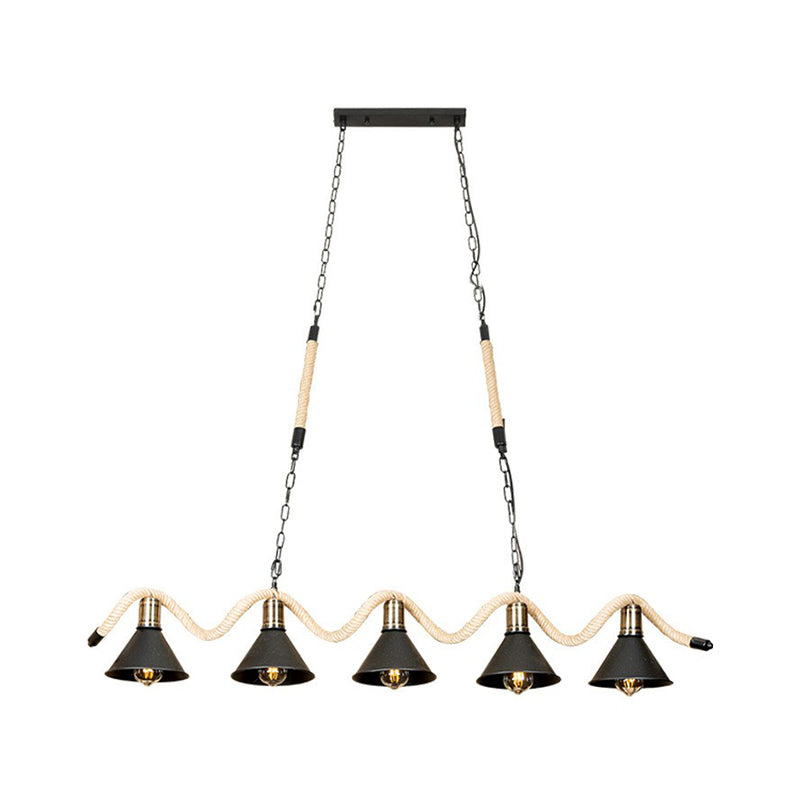 Black 5 Lights Island Pendant Warehouse Hemp Rope Undulating Ceiling Lamp with Conic Metal Shade
