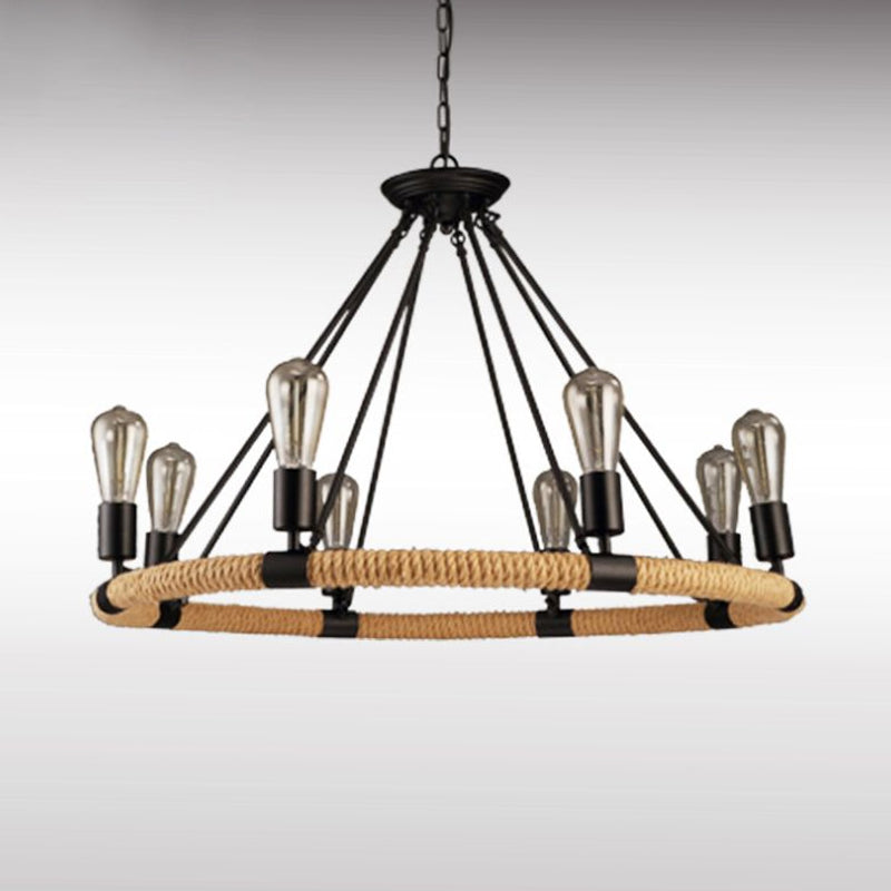 Factory 1/2-Layer Circle Hanging Light 6/8/14 Bulbs Rope Wrapped Chandelier Pendant in Black and Brown