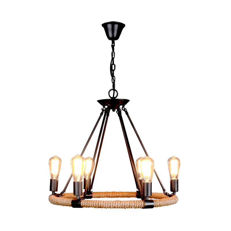 Factory 1/2-Layer Circle Hanging Light 6/8/14 Bulbs Rope Wrapped Chandelier Pendant in Black and Brown