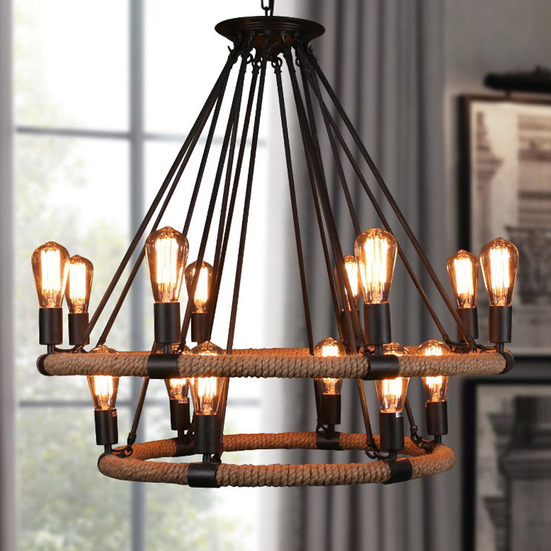 Factory 1/2-Layer Circle Hanging Light 6/8/14 Bulbs Rope Wrapped Chandelier Pendant in Black and Brown