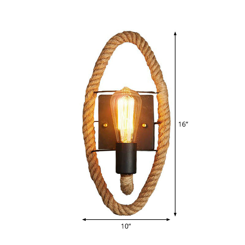 Single Rope Wrapped Wall Lamp Farmhouse Brown Oval/Round Dining Room Wall Mount Light with Exposed Bulb Design