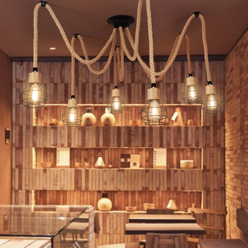 Led Rope Swags Spherical Cage Bistro Swag Lamp Rural Natural Rope 6/10 Lights Brown P