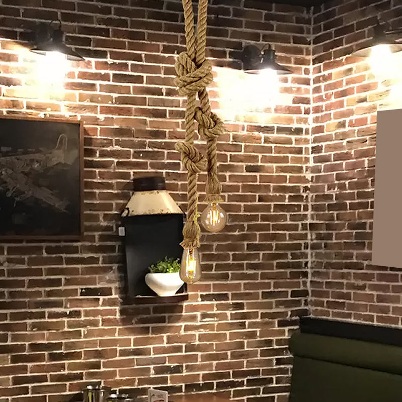 Hemp Rope Knot Brown Hanging Lamp Bare Bulb Design 1 Head Farmhouse Ceiling Pendant Light