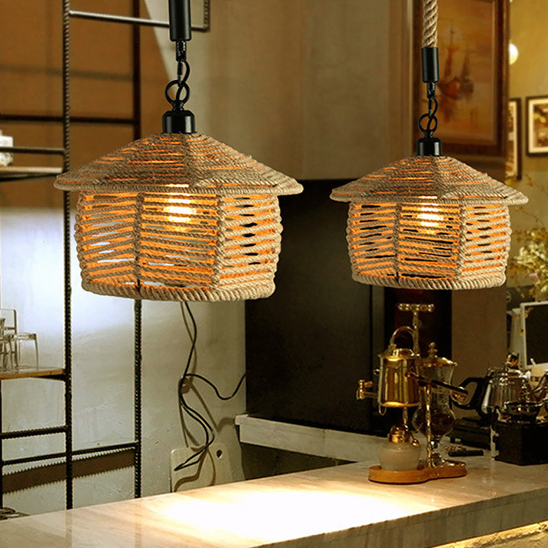 1 testa in giù per il ciondolo di illuminazione rustico ciotola smerlata/capanna a forma di cappola lampada sospensione del soffitto in legno per sala da pranzo