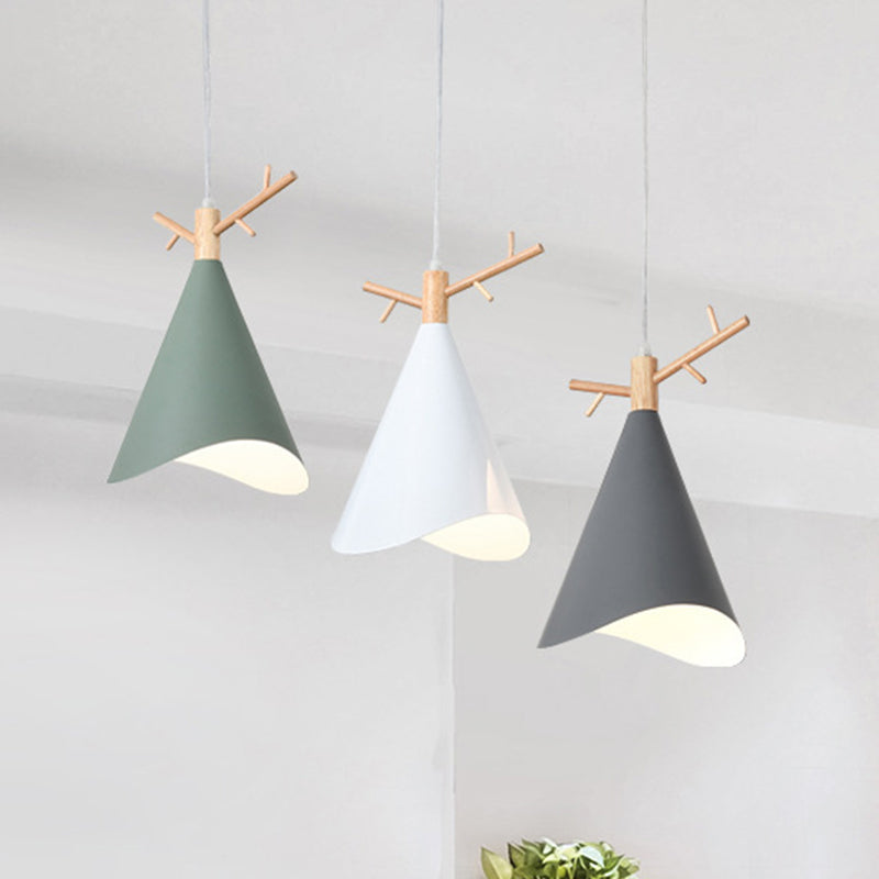 Iron Waveform-Edge Conic Ceiling Light Nordic 1 Head Green/Grey/White Hanging Pendant with Wood Antler Top