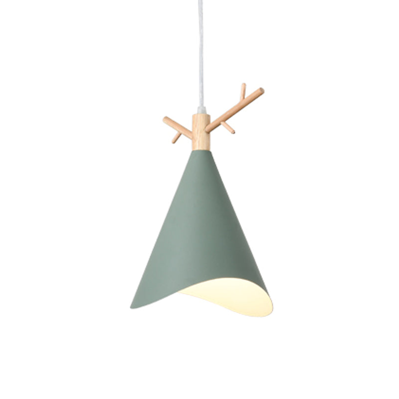 Iron Waveform-Edge Conic Ceiling Light Nordic 1 Head Green/Grey/White Hanging Pendant with Wood Antler Top