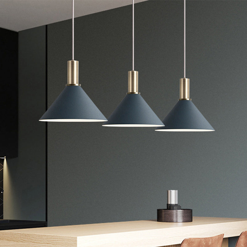 Dark Blue Cone Hanging Lamp Kit Nordic 3 Bulbs Multi-Light Pendant for Kitchen Bar