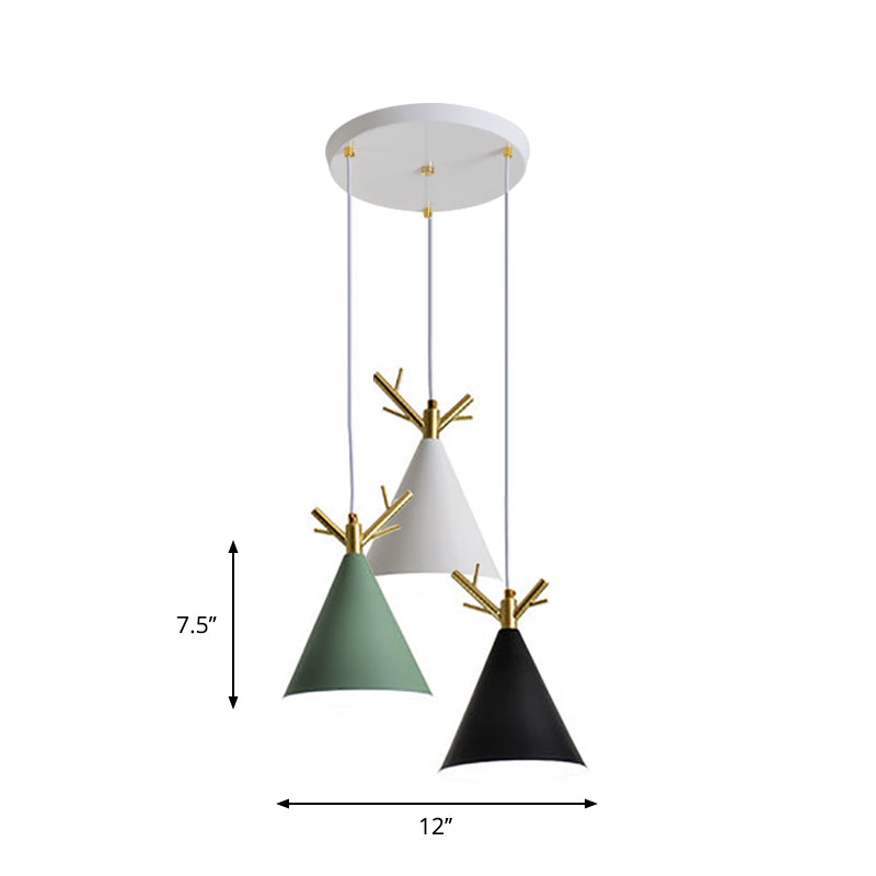 Nordic Conical Cluster Pendant Metallic 3-Head Dining Room Antler Ceiling Light with Round/Linear Canopy in White