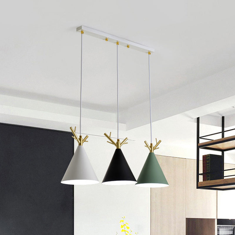 Nordic Conical Cluster Pendant Metallic 3-Head Dining Room Antler Ceiling Light with Round/Linear Canopy in White