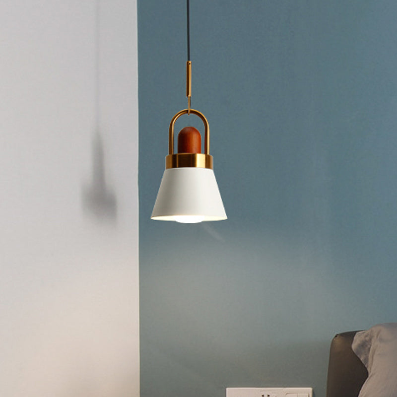 Taps toelopende schaduw bedming op hangende lamp metalen enkele macaron hanglamp in grijs/wit/roze met handvat en houtkurk