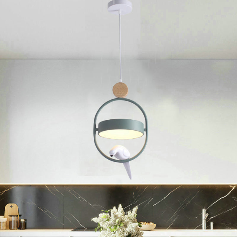 Ellipse de style nordique Lampe suspendue en métal monocysine simple Éclairage avec décoration d'oiseaux et teinte ronde en blanc / gris / vert