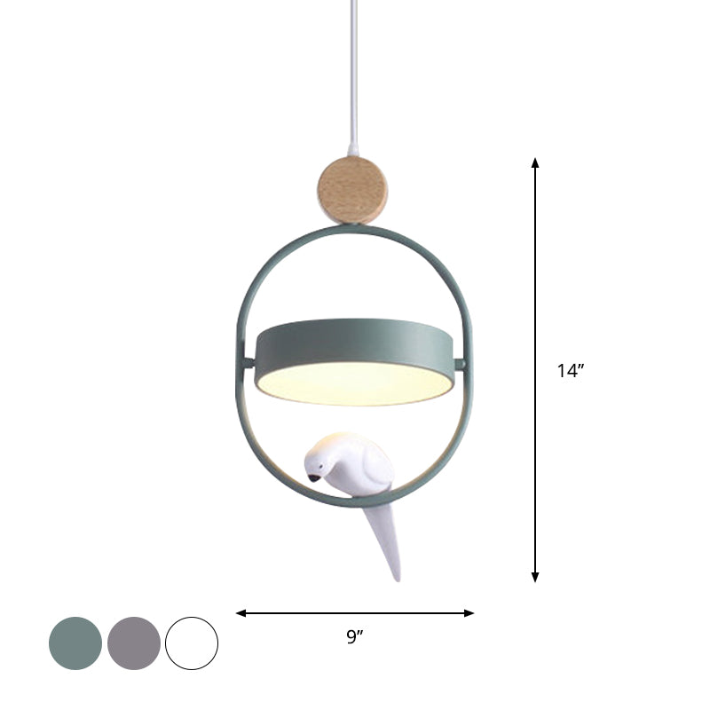Ellipse de style nordique Lampe suspendue en métal monocysine simple Éclairage avec décoration d'oiseaux et teinte ronde en blanc / gris / vert