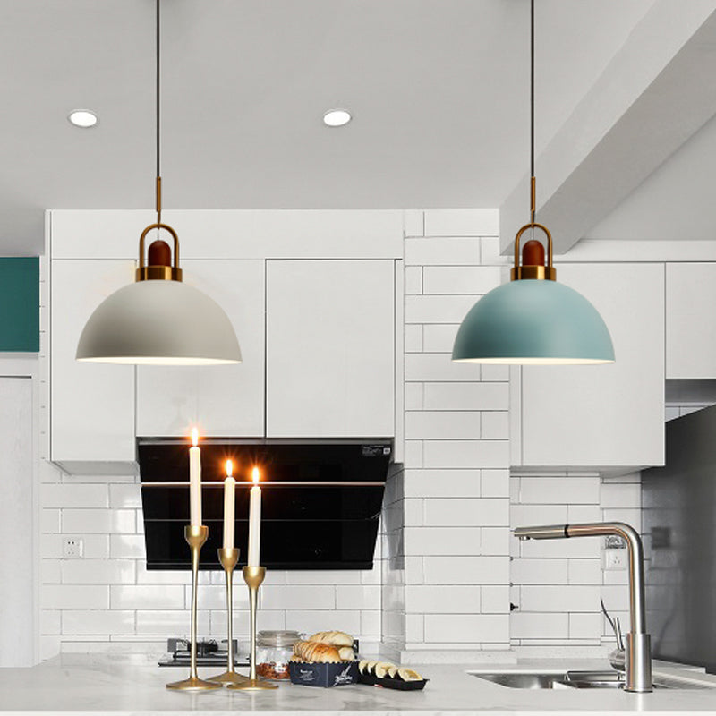 Dome Cuisine Bar Pendule Light Iron 1 Bulbe Macaron Pendentif suspendu en rose / blanc / gris avec dessus en bois et poignée