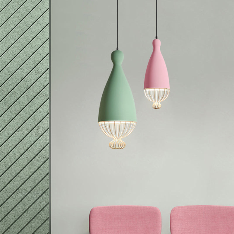 Luce a sospensione in alluminio a palloncino invertito Macaron 1 testa di sospensione grigia/rosa/blu con gabbia