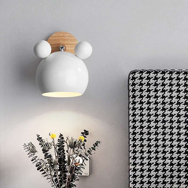Bear/Bell Rotating Wall Mounted Lamp Macaron Iron 1-Head Bedside Reading Wall Light in White/Pink/Green and Wood