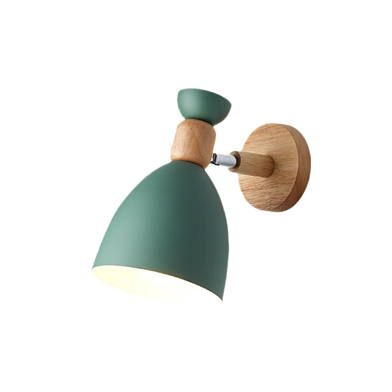 Bear/Bell Rotating Wall Mounted Lamp Macaron Iron 1-Head Bedside Reading Wall Light in White/Pink/Green and Wood
