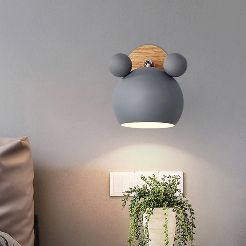 Bear/Bell Rotating Wall Mounted Lamp Macaron Iron 1-Head Bedside Reading Wall Light in White/Pink/Green and Wood