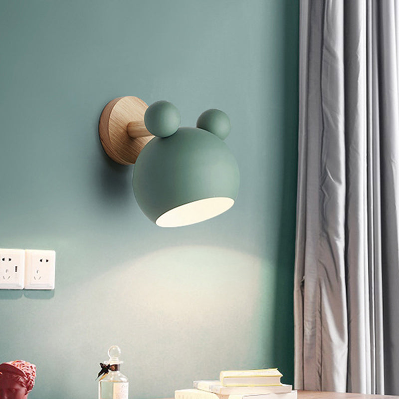 Bear/Bell Rotating Wall Mounted Lamp Macaron Iron 1-Head Bedside Reading Wall Light in White/Pink/Green and Wood