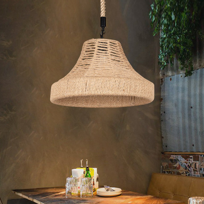 Lodge Trumpet Down Lighting Pendant 1-Light Manila Rope Hanging Lamp in Brown for Restaurant