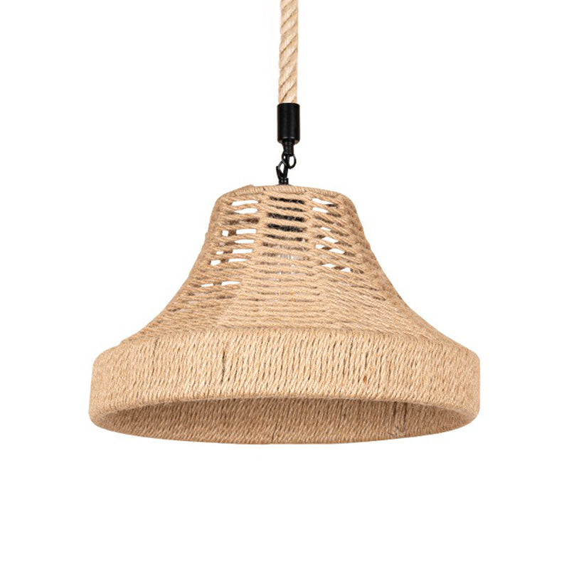 Lodge Trumpet Down Lighting Pendant 1-Light Manila Rope Hanging Lamp in Brown for Restaurant