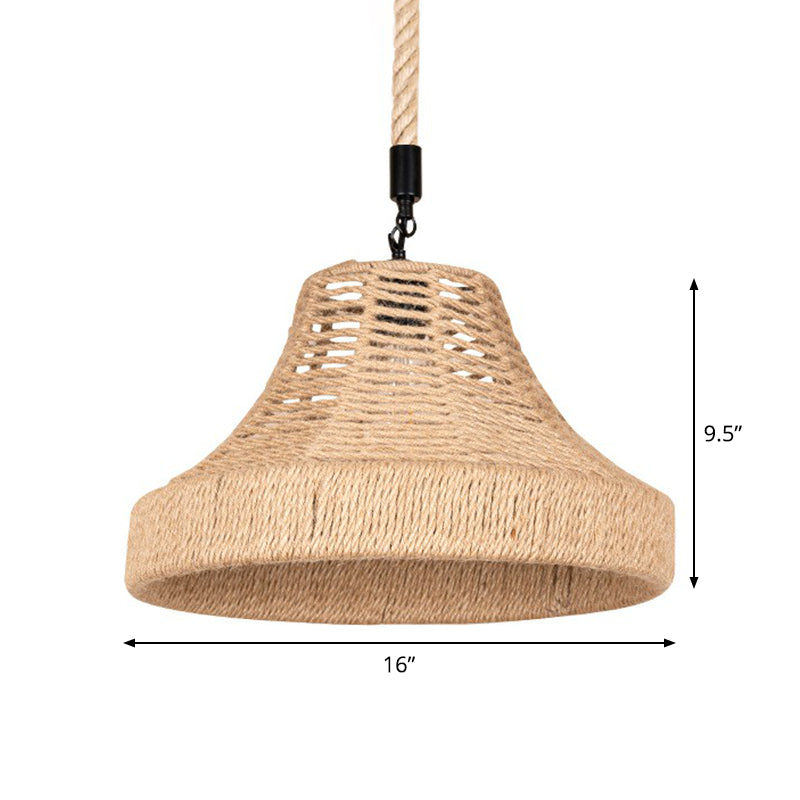 Lodge Trumpet Down Lighting Pendant 1-Light Manila Rope Hanging Lamp in Brown for Restaurant