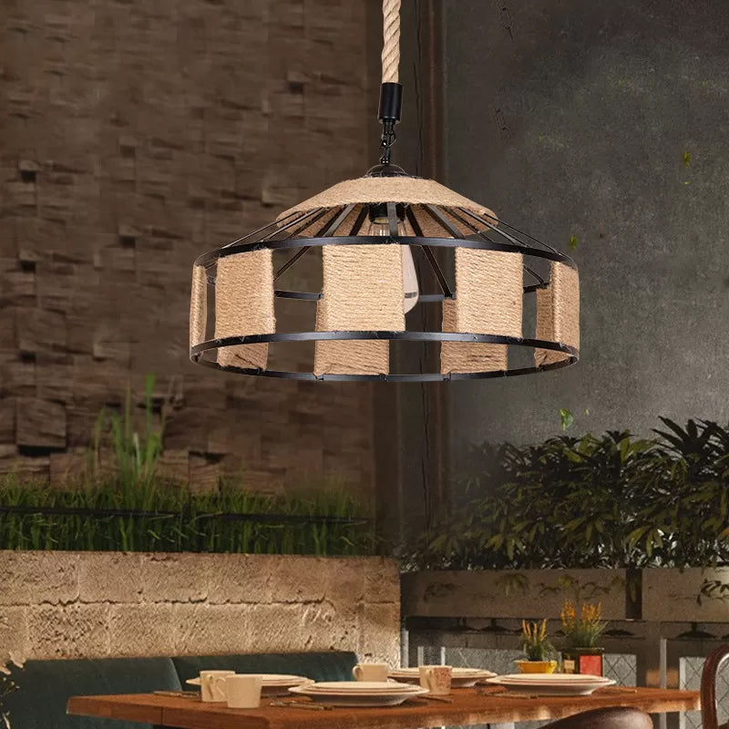 Iron Barn Pendant Light Fixture Rural 1 Bulb Snack Bar Ceiling Hang Lamp with Roped Design in Brown