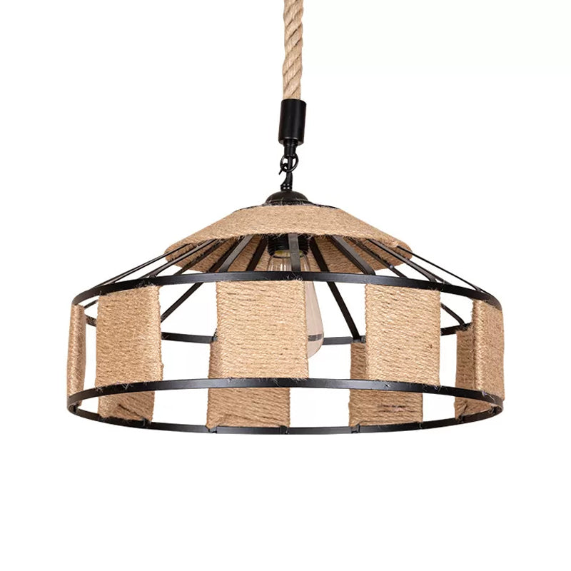 Iron Barn Pendant Light Fixture Rural 1 Bulb Snack Bar Ceiling Hang Lamp with Roped Design in Brown