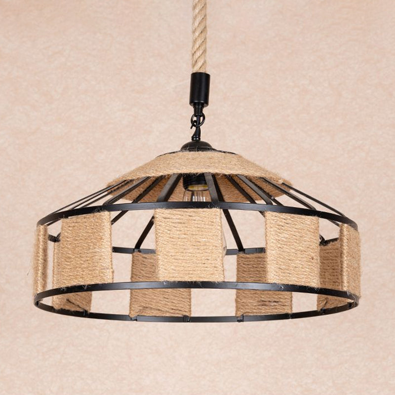 Iron Barn Pendant Light Fixture Rural 1 Bulb Snack Bar Ceiling Hang Lamp with Roped Design in Brown