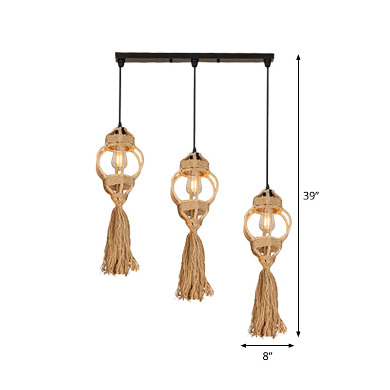 Hand-Made Lantern Kitchen Ceiling Light Farmhouse Hemp Rope 3/6-Head Brown Cluster Pendant with Round/Linear Canopy