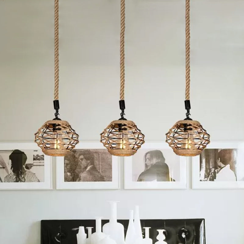 Rustic Elliptical Multi Hanging Light 3/6 Lights Rope Pendant Ceiling Lamp in Brown, Round/Linear Canopy