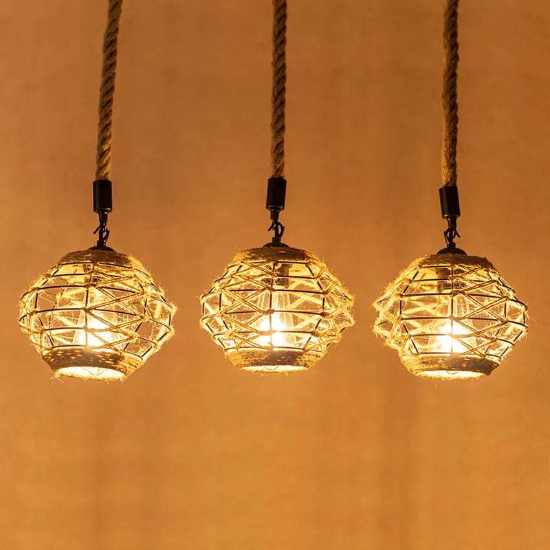 Rustiek elliptisch multi -hangend licht 3/6 lichten touw hanger plafondlamp in bruin, ronde/lineaire luifel