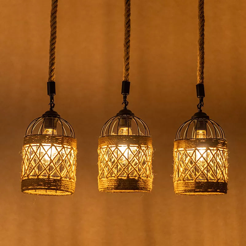 3/6 Heads Cluster Pendant Light Lodge Birdcage Criss-Cross Woven Rope Hanging Light Kit in Brown, Round/Linear Canopy
