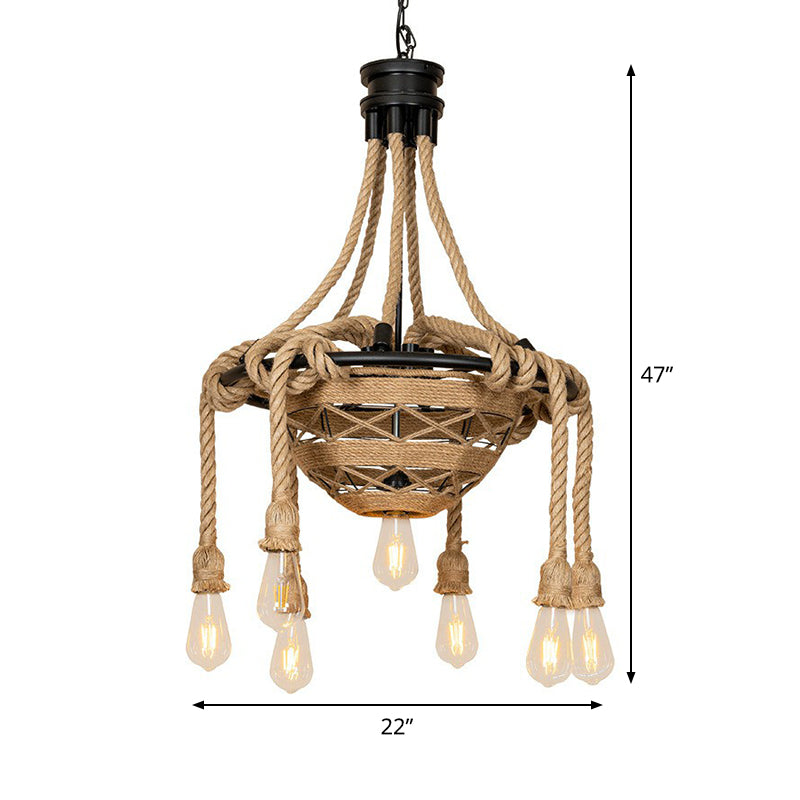 Rope Bowl Pendant Chandelier Country Style 6 Heads Dining Room Hanging Light with Bare Bulb Design in Brown