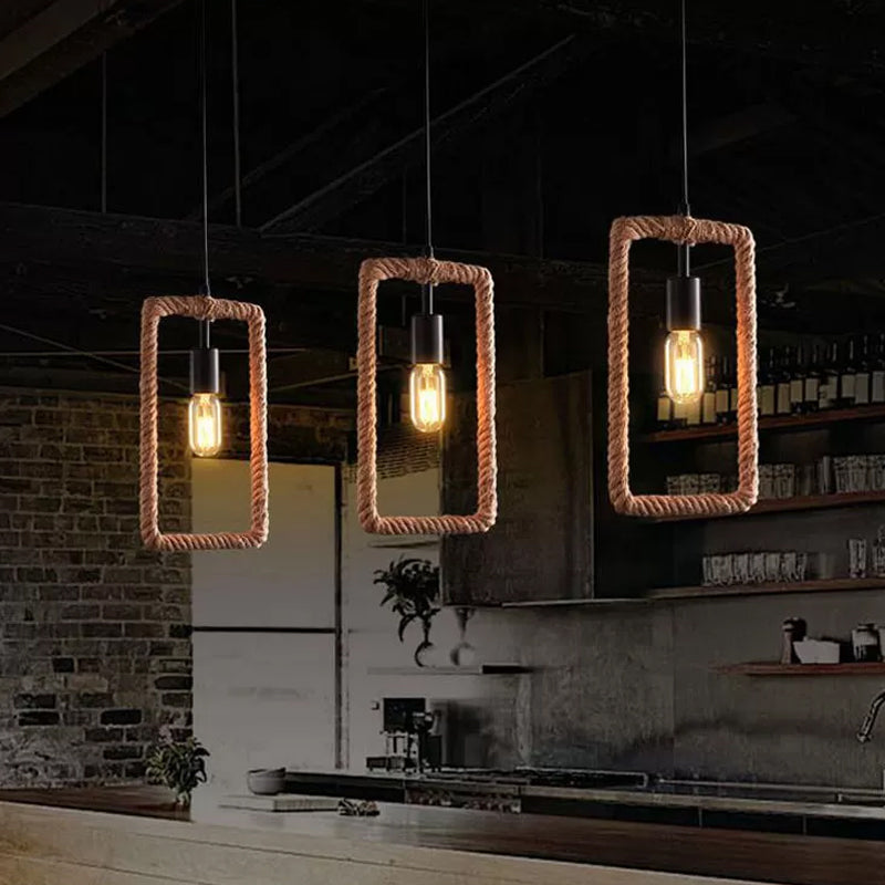1-Light Hanging Lamp Rural Living Room Pendant Light with Round/Square/Rectangle Rope Frame in Brown